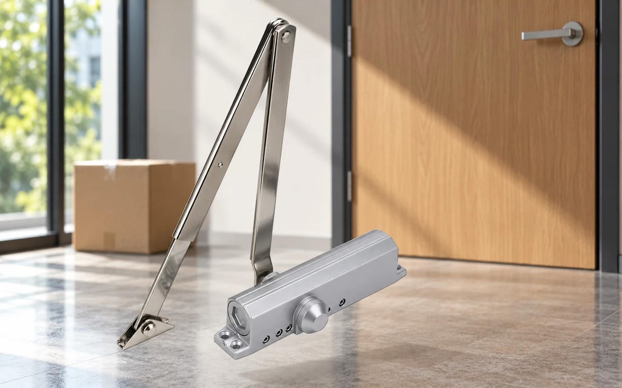 Silver door closer with metal arms in the foreground, a wooden door with a handle and a cardboard box in the background.