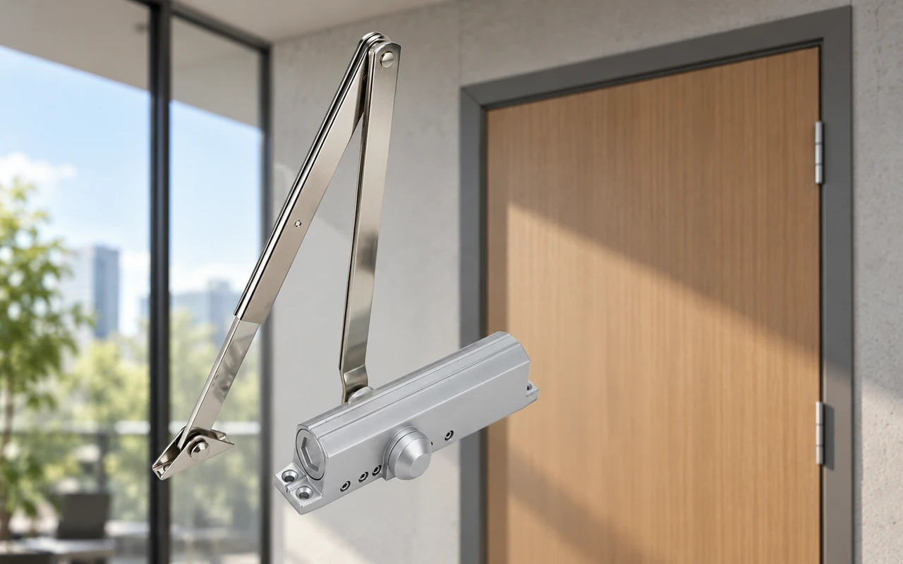Silver parallel arm door closer mounted above a light wood door beside a glass window with a city view.