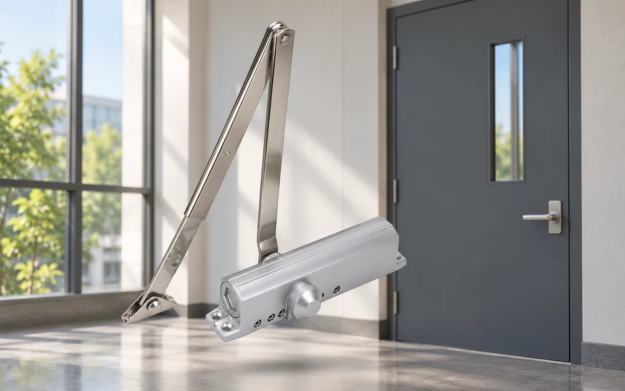 Silver scissor arm door closer with rectangular body and folding metal arm shown in a room beside a dark gray door with a narrow window and a large window overlooking greenery.
